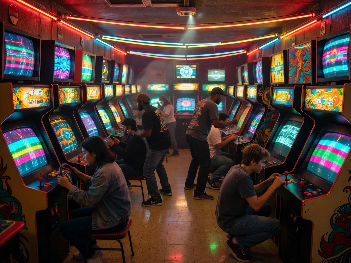 Arcade-pelihallin värikkäät valot kuvastamassa pelilöytöjen metsästystä