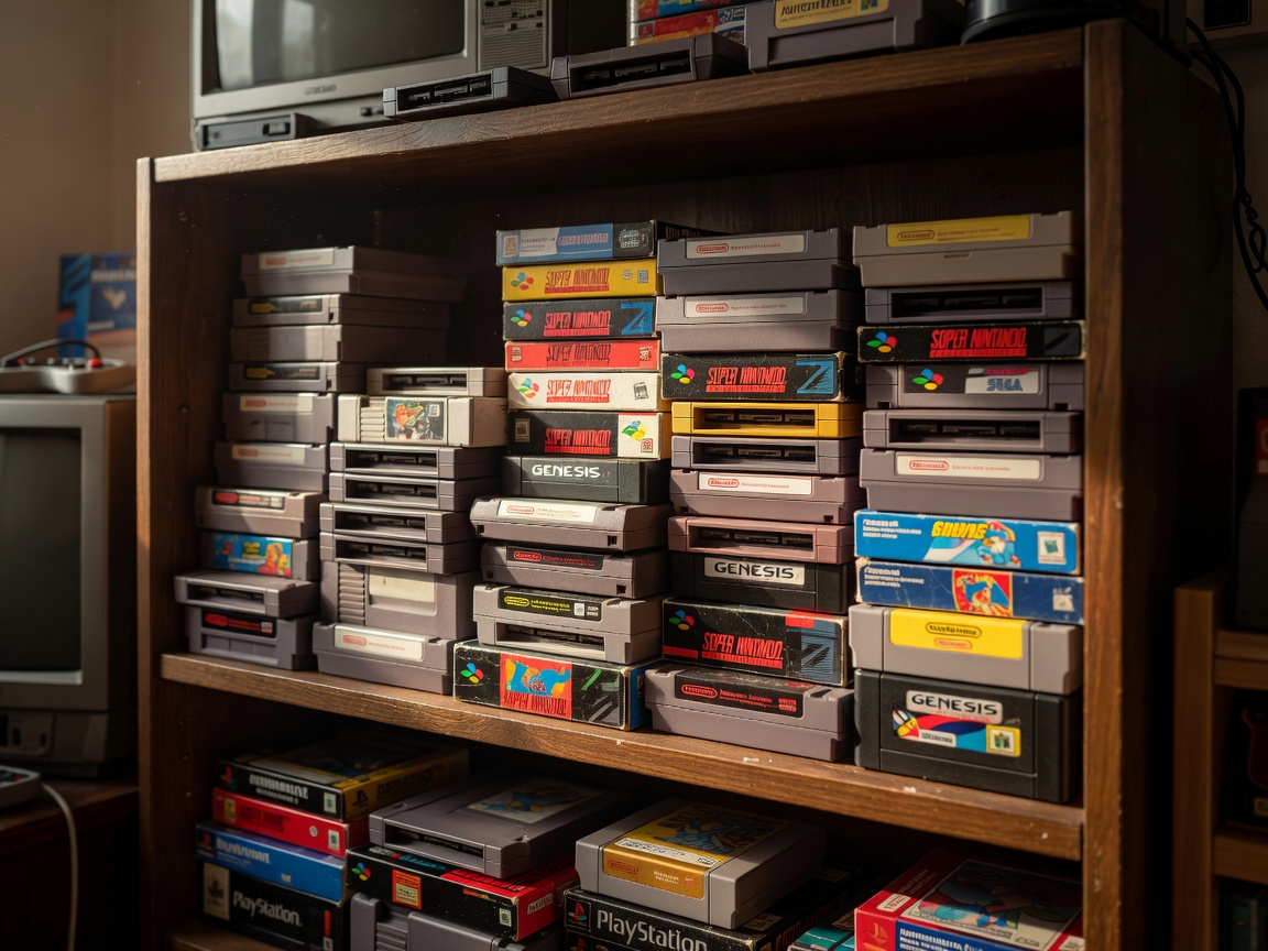 Retropelien kokoelma hyllyssä kuvastamassa kasvavaa pelibacklogia